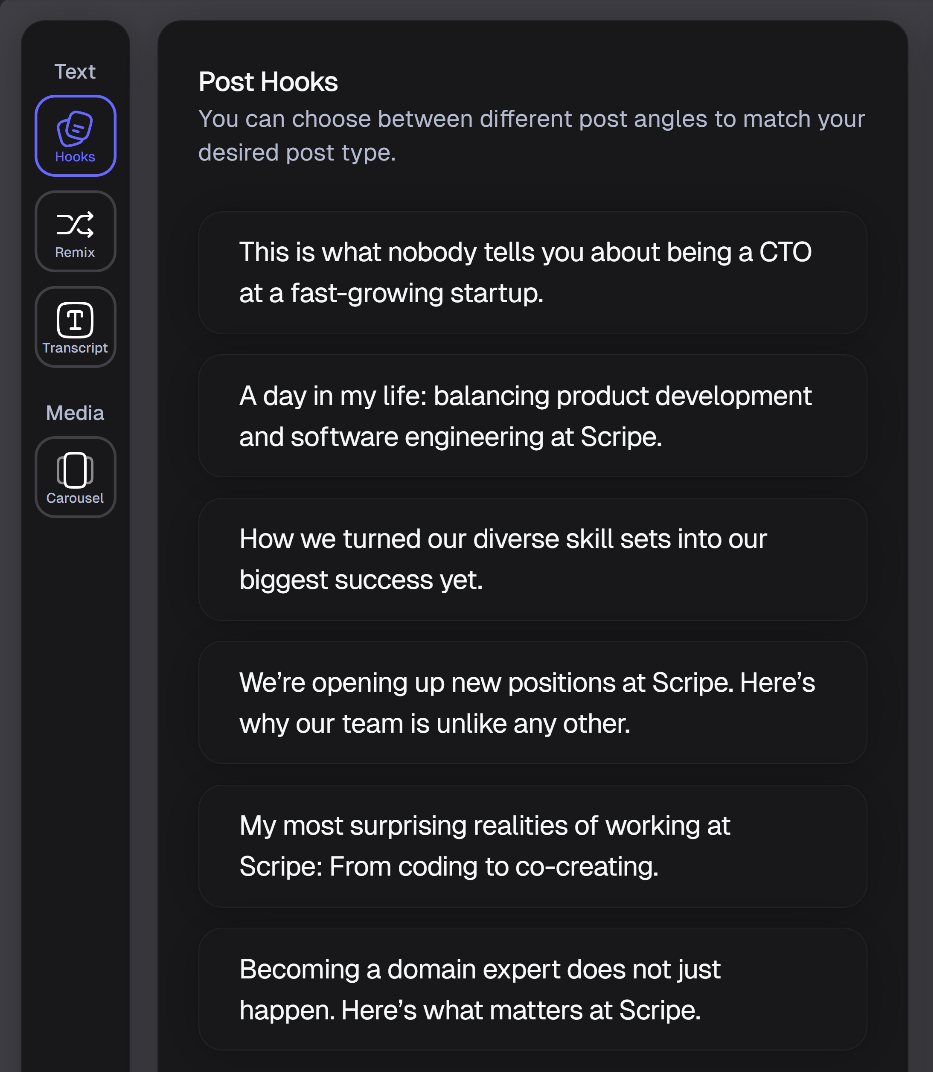Product screenshot of Scripe's Post Hooks Feature in it's AI content editor.