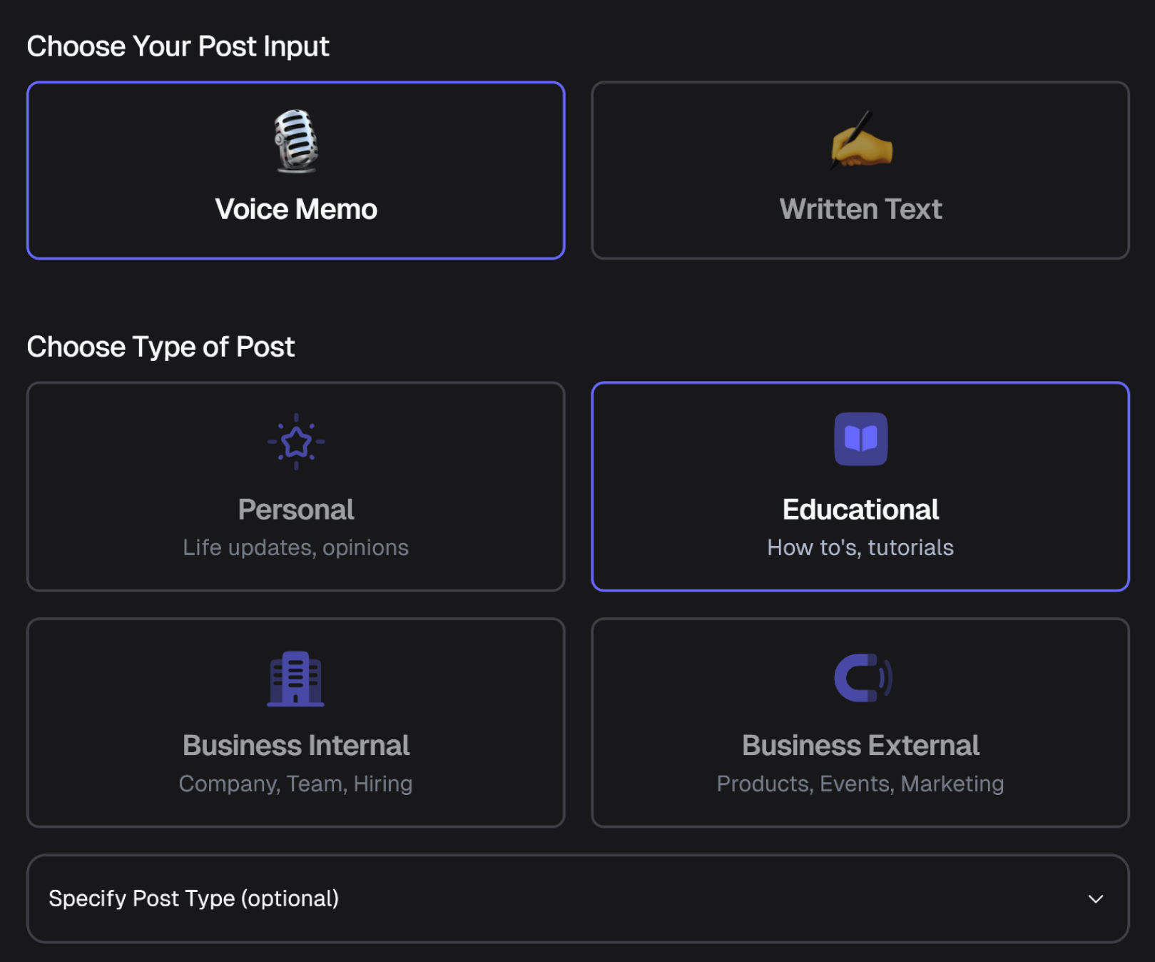 A product screenshot of a modal to select the post generation options like voice memo or written text and the type of the post.
