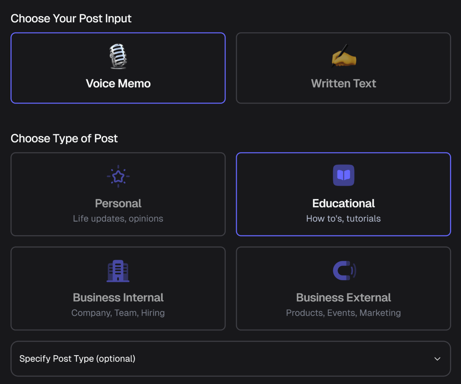 A product screenshot of a modal to select the post generation options like voice memo or written text and the type of the post.