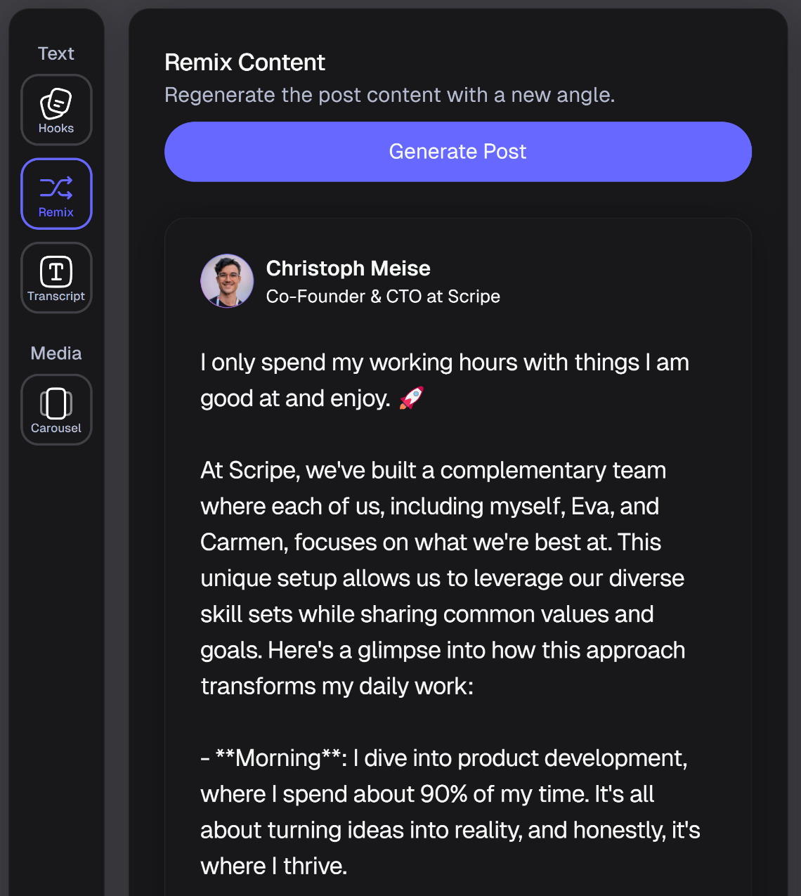 Product screenshot of Scripe's Remix Content Feature in it's AI content editor.