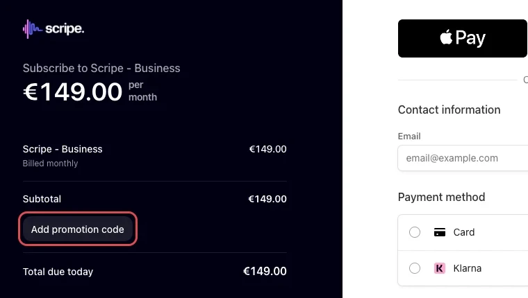 Scripe checkout with the Add promotion code button highlighted under the subtotal
