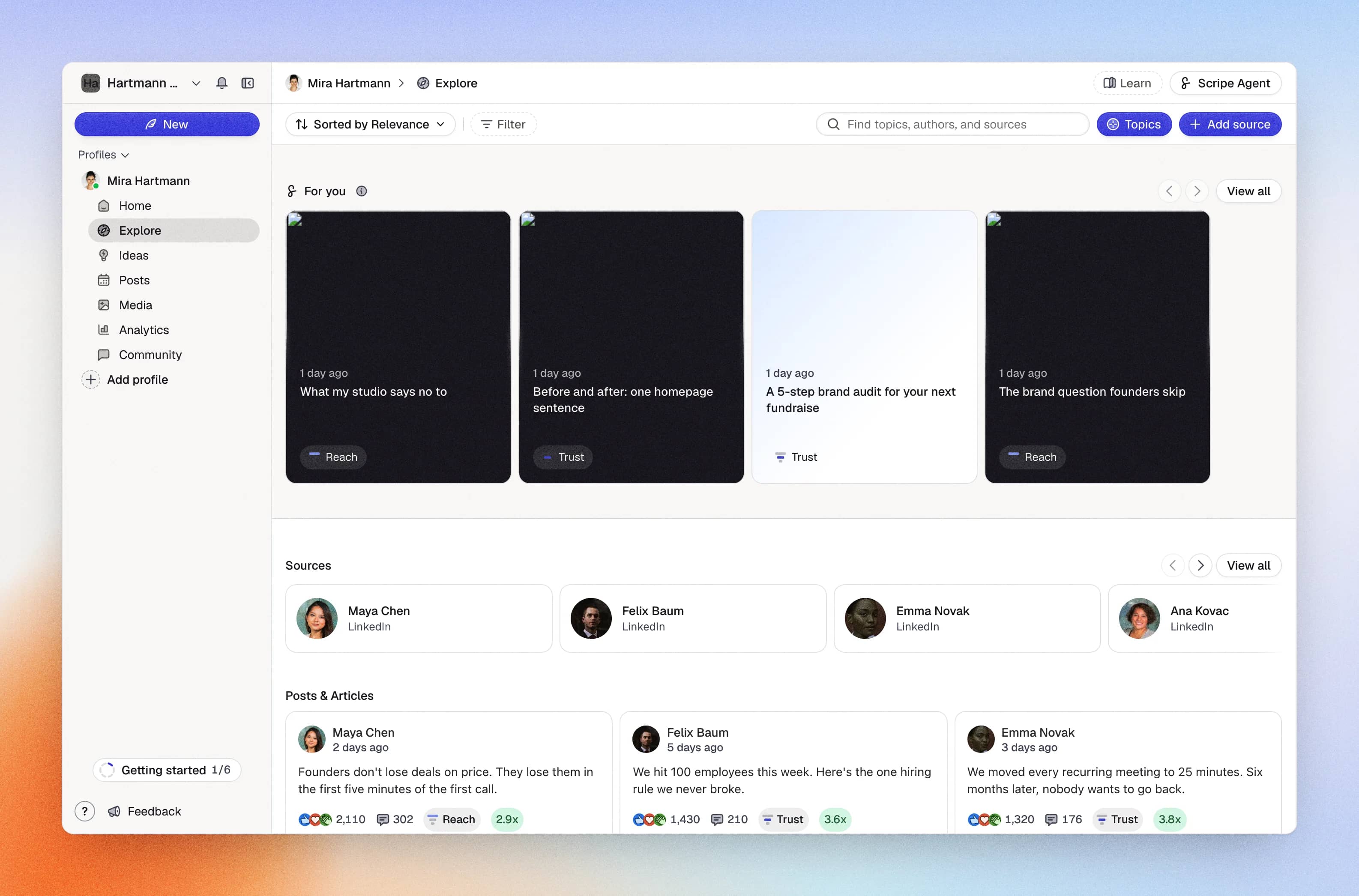 Explore with the Sources row: four followed LinkedIn creators above the Posts & Articles feed