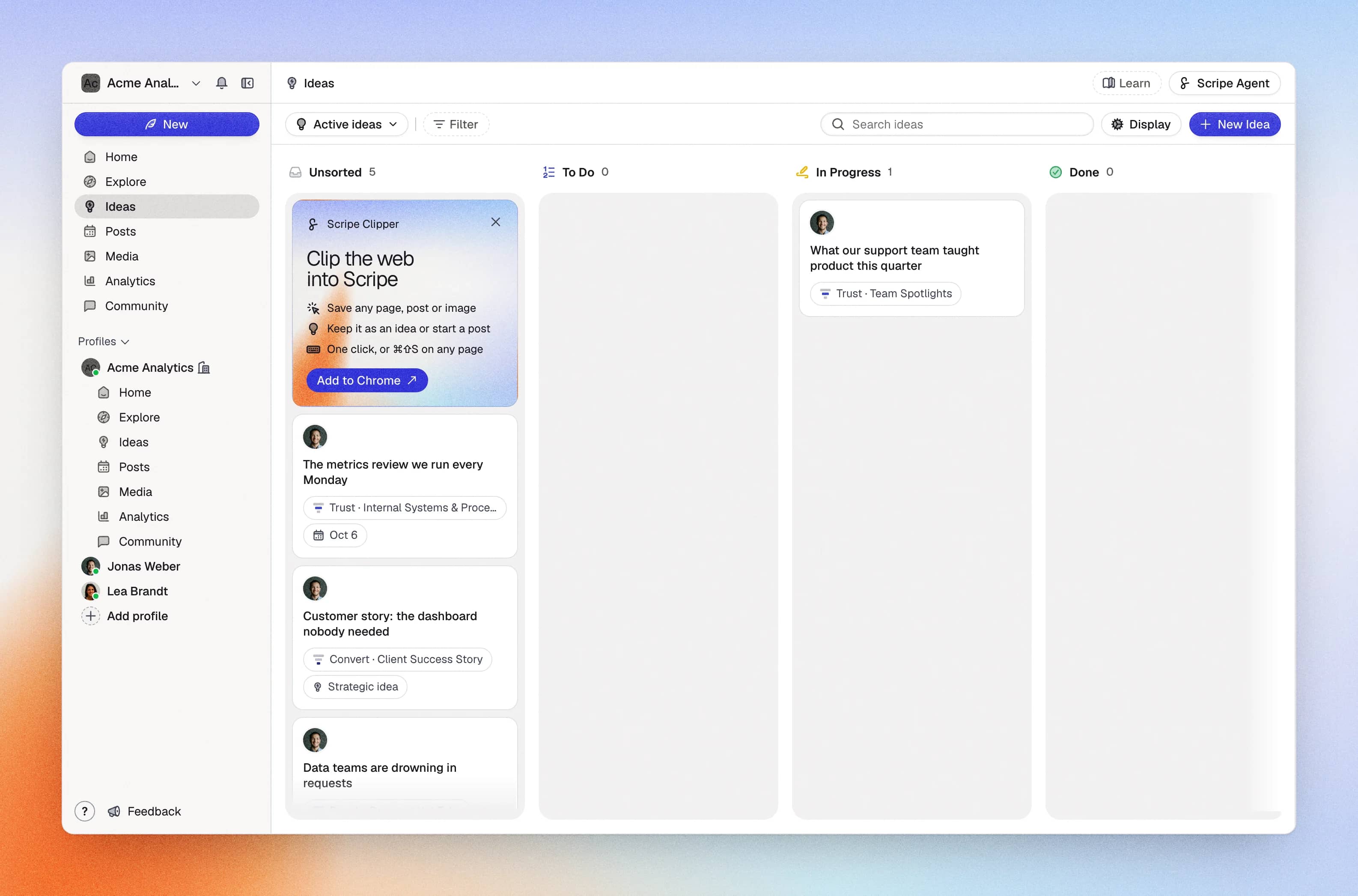 The idea board with four columns, Unsorted, To Do, In Progress and Done, and idea cards showing a profile avatar, a title, a lane chip such as Trust · Team Spotlights and a planned date