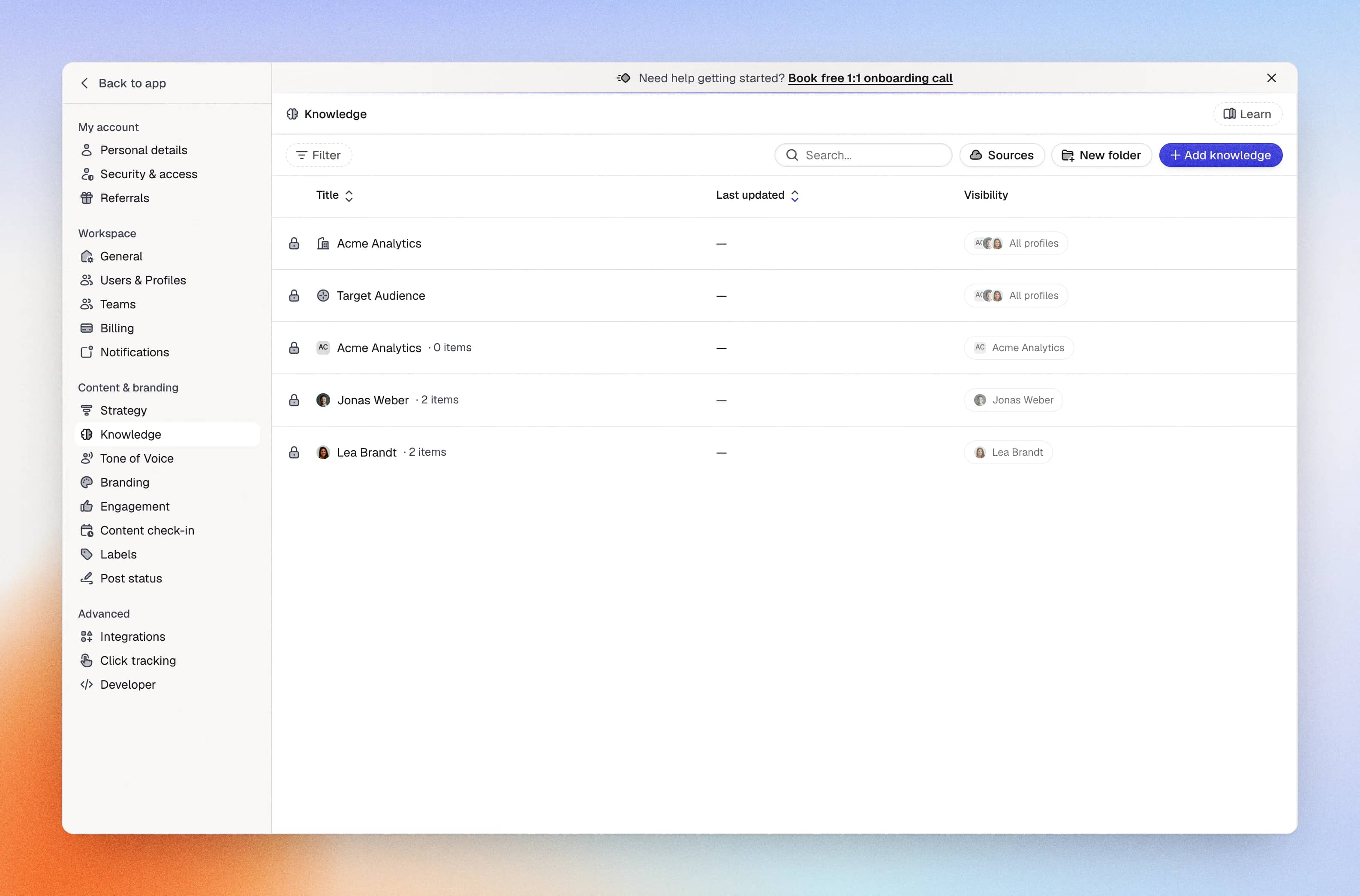 The knowledge base with a profile folder and synced sources