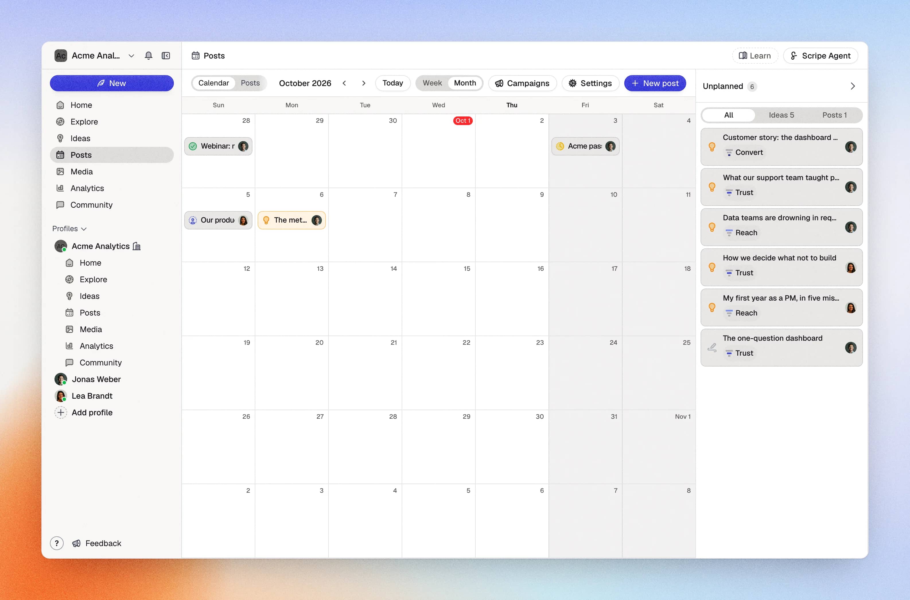 Posts: the calendar with planned and published posts