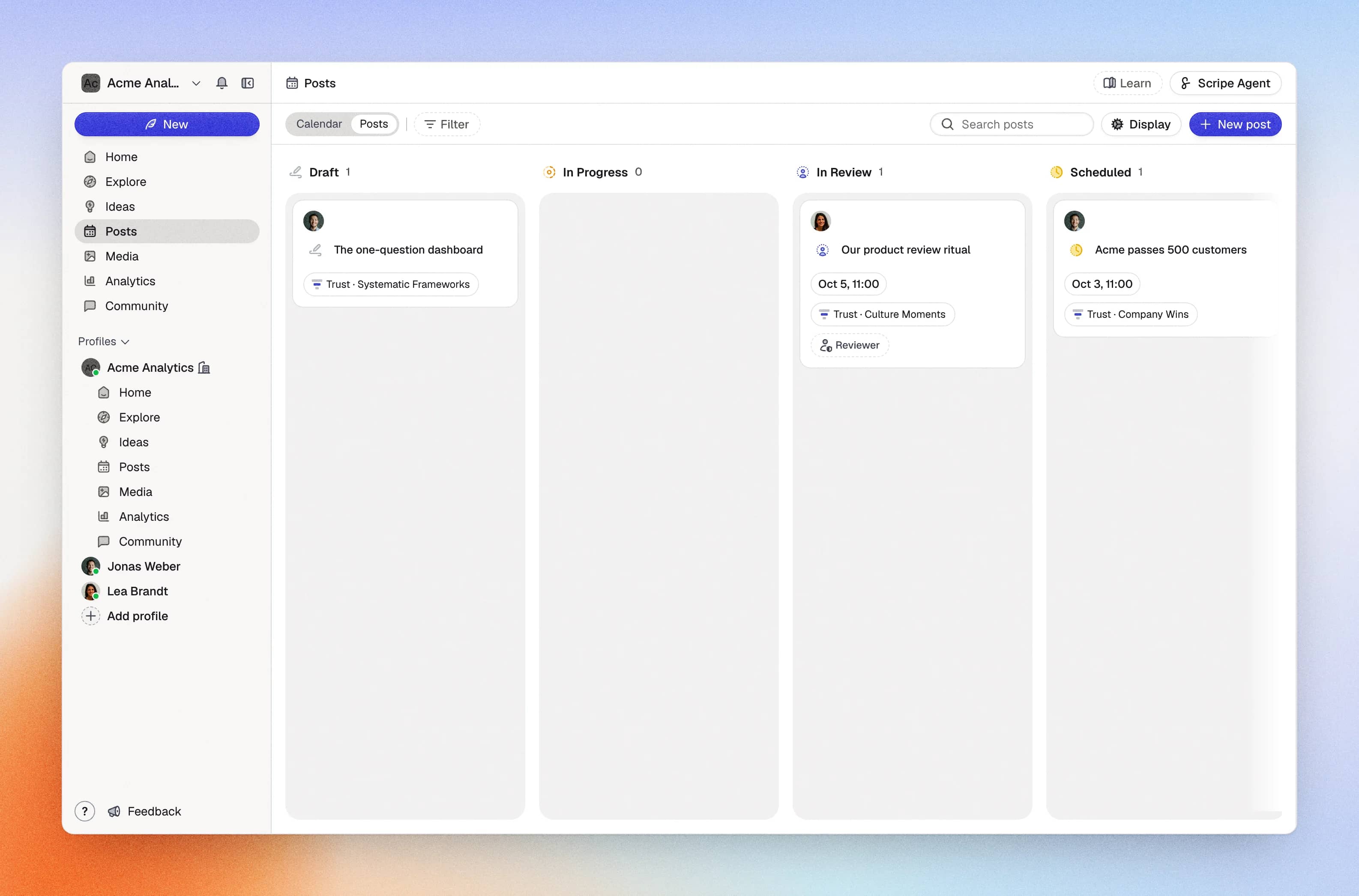 Posts: the list view grouped by status