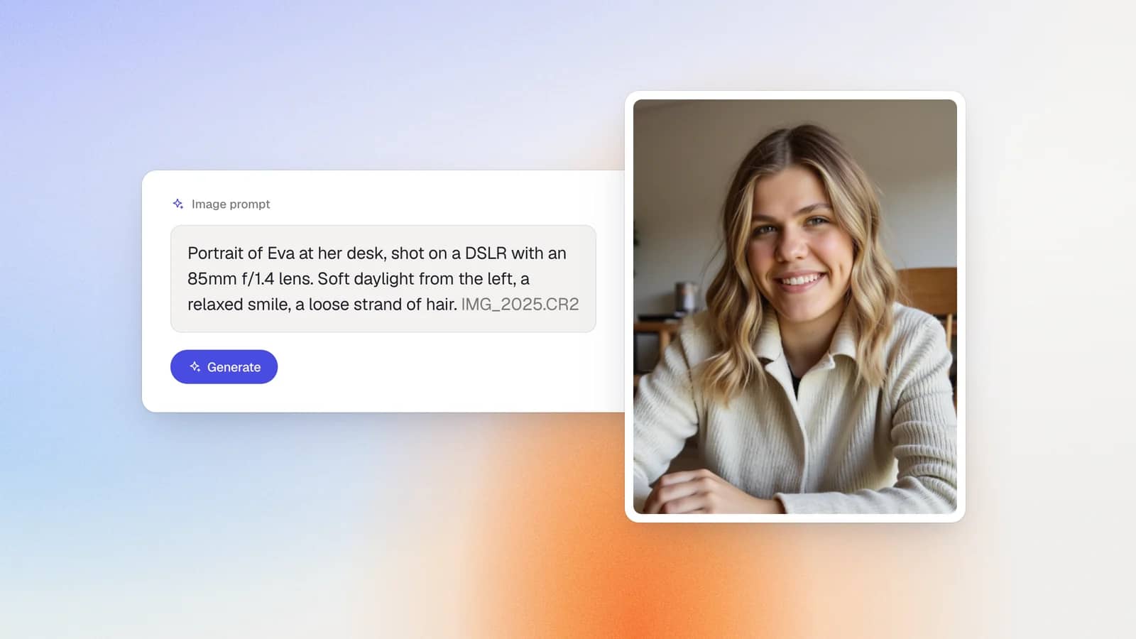 An image prompt describing a natural portrait photo, next to the generated portrait