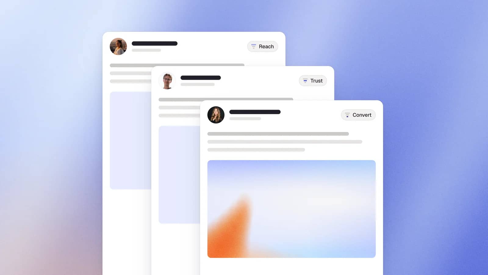 Three colleagues' LinkedIn posts, one each for Reach, Trust and Convert