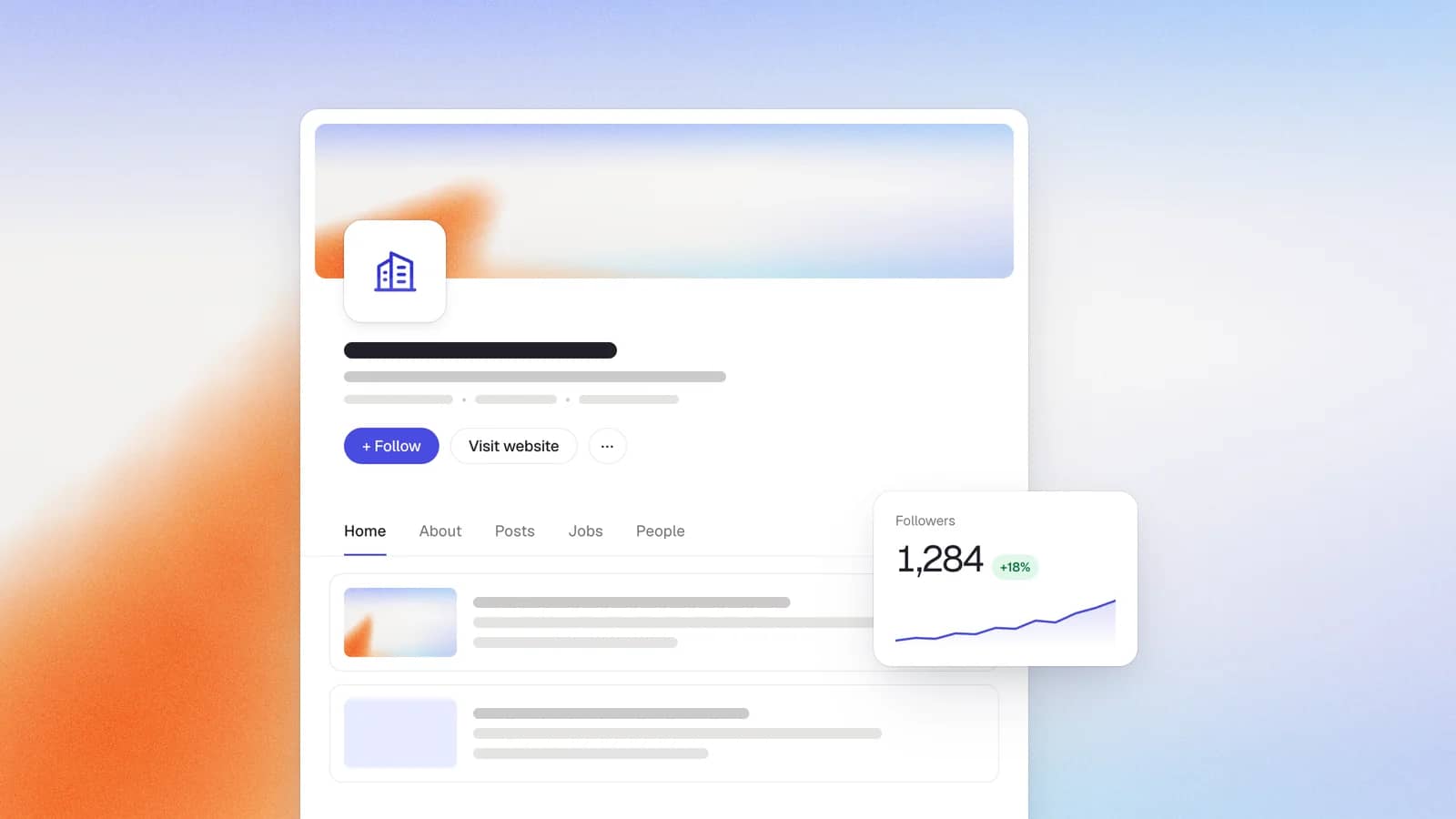 Illustration of a LinkedIn company page with a Follow button and a card showing followers rising