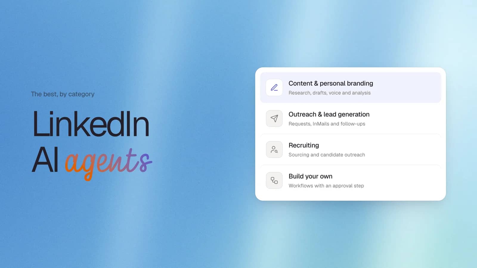 Cover: "LinkedIn AI agents" beside four categories: content and personal branding, outreach and lead generation, recruiting, build your own