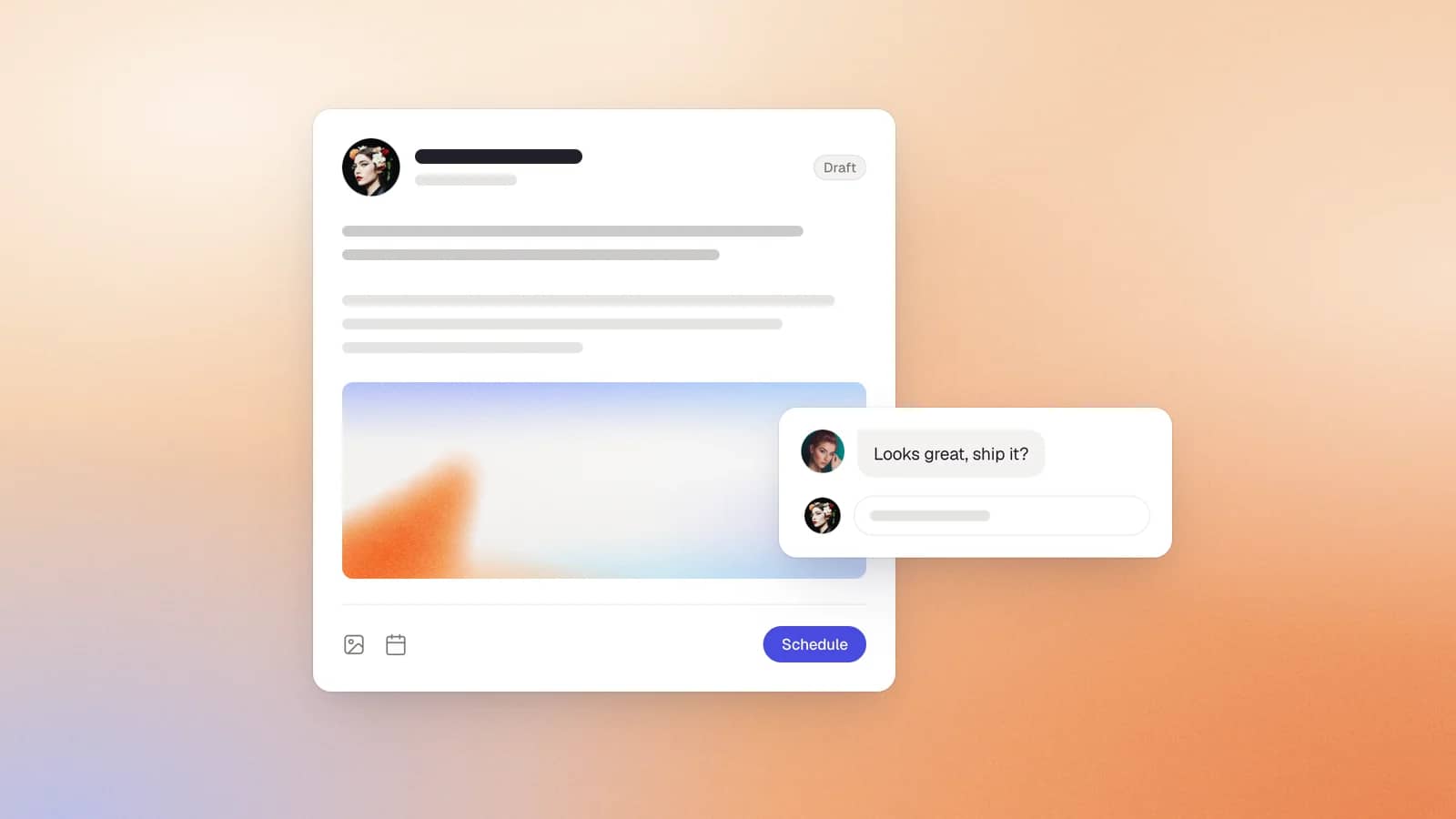 A LinkedIn post draft with a comment from a content buddy: "Looks great, ship it?"