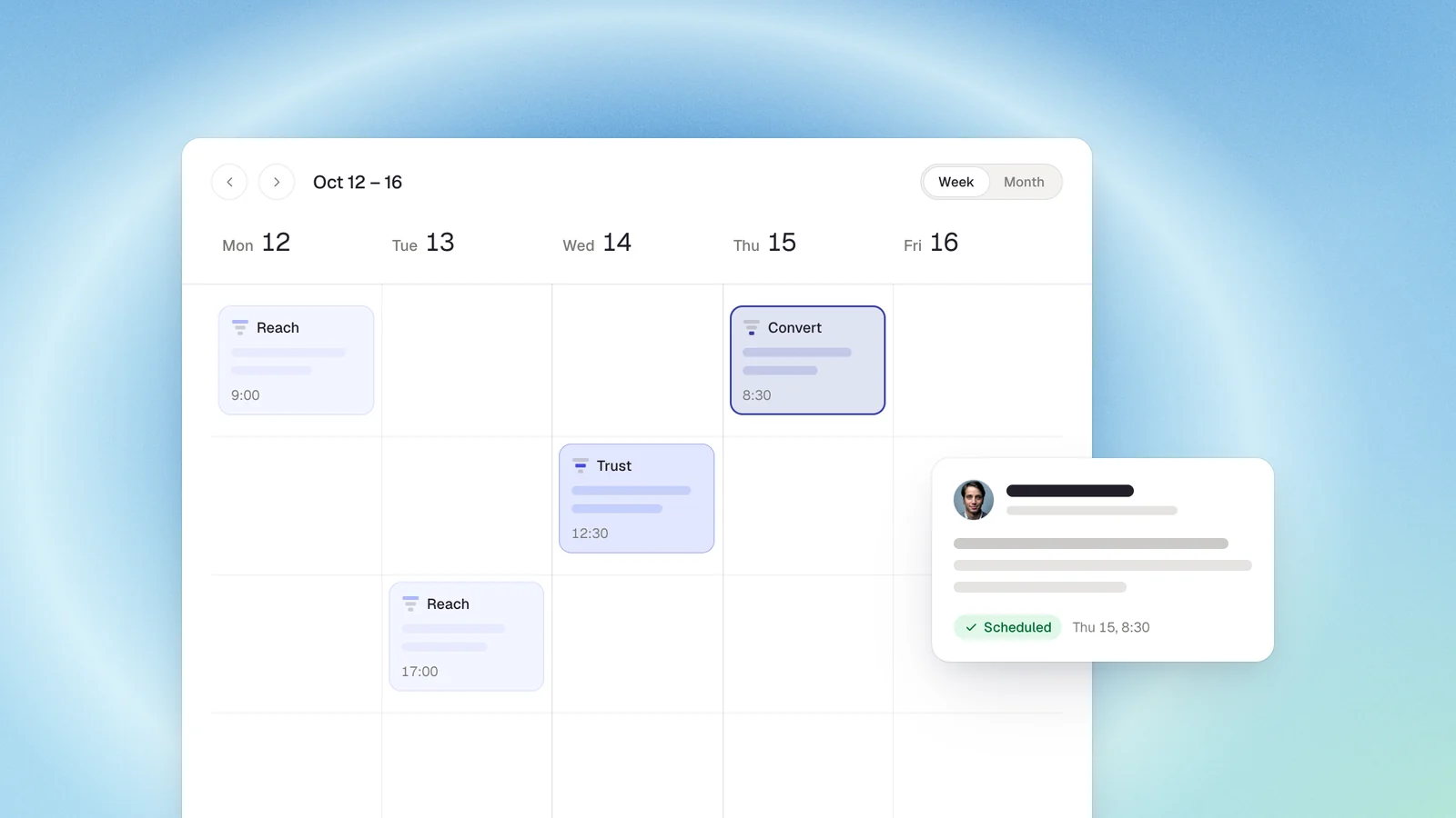 A weekly content calendar with posts in the Reach, Trust and Convert lanes and one scheduled post