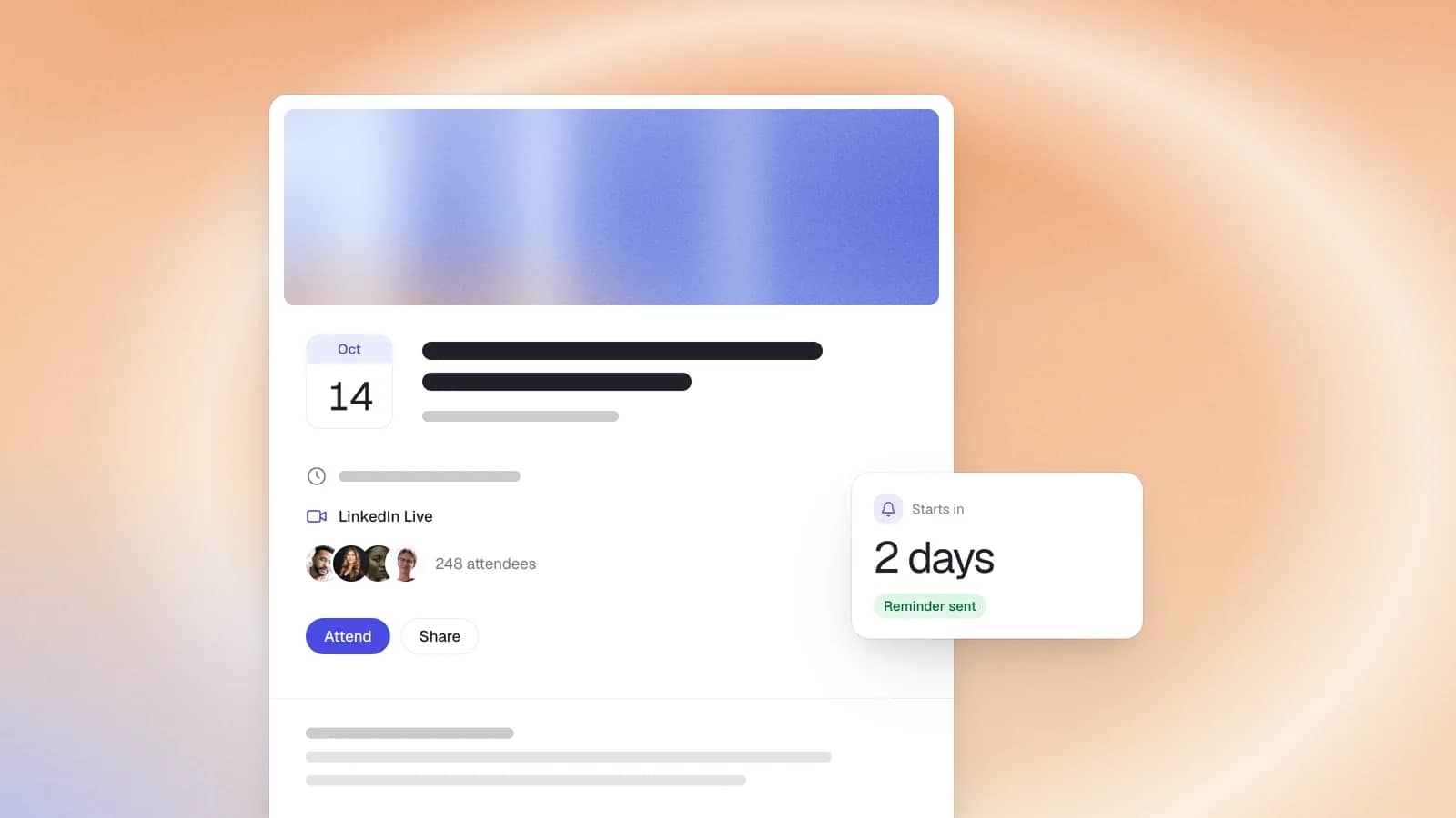 A LinkedIn event page with a date, attendees and an Attend button, and a card saying it starts in two days