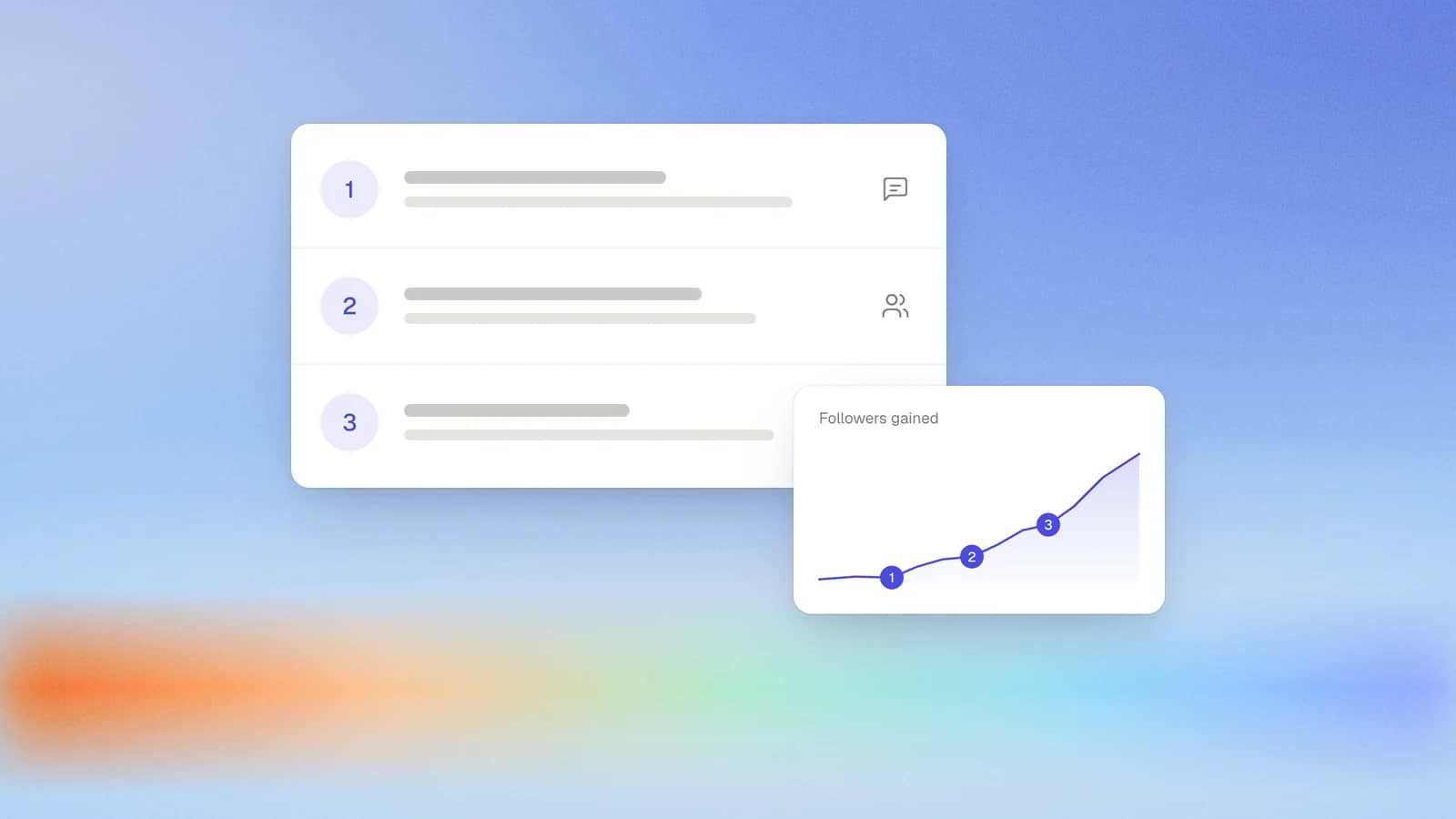Three numbered growth strategies next to a followers chart that rises at each step