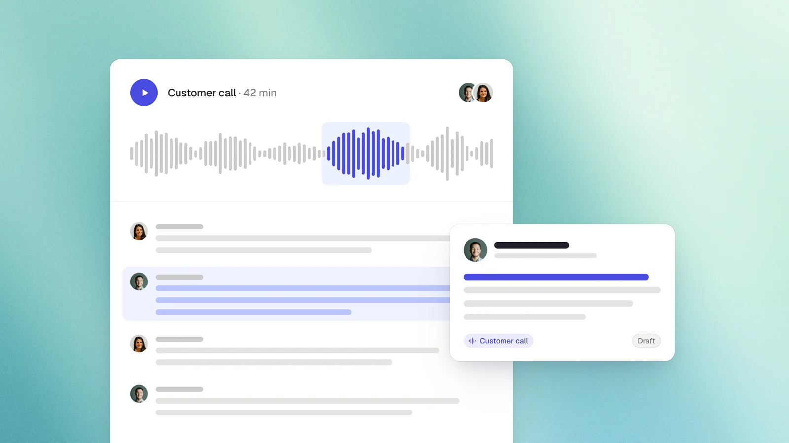 A customer call recording with one highlighted passage that becomes the opening line of a LinkedIn post draft
